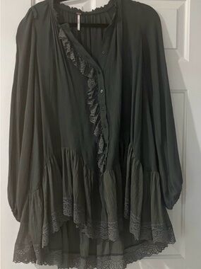 Free People Olive Green Ruffle Lace Tunic Blouse